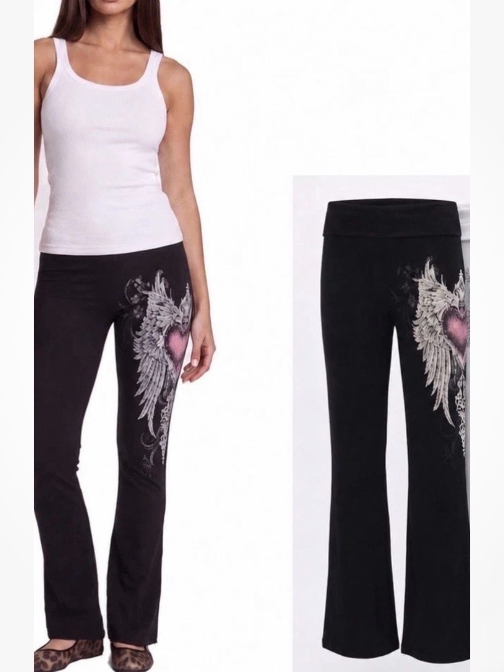 Women's Winged Heart Fold-Over Waist Leggings - Black